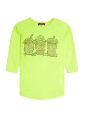 Sparkle by Stoopher Drink Rhinestone Tee Size 14 Neon Green Yellow 3/4 Sleeve